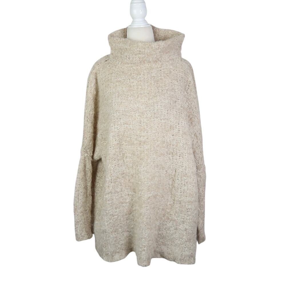 Free People Cream Tan Fuzzy Alpaca Wool Funnel Neck Sweater M